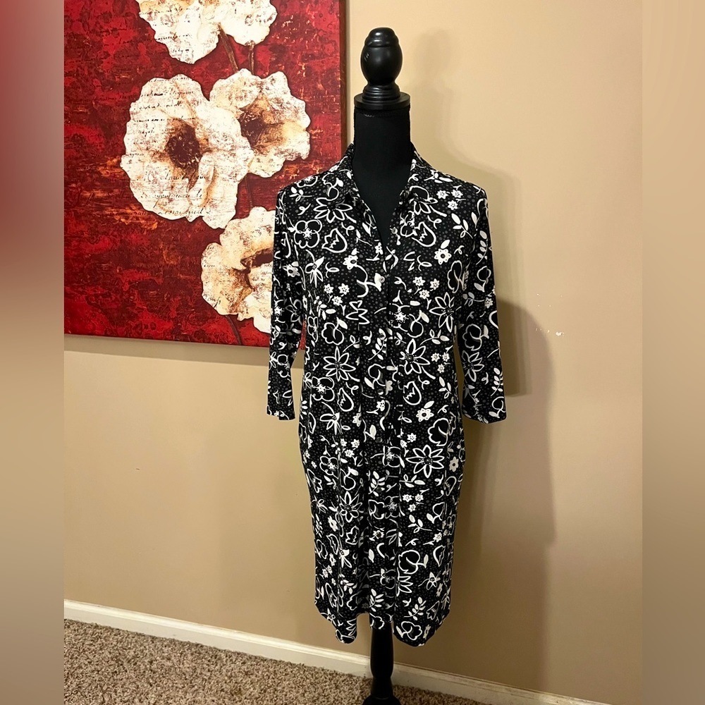 J Jill Black & White Modern Floral Collar Button Mini Dress, Size: XS